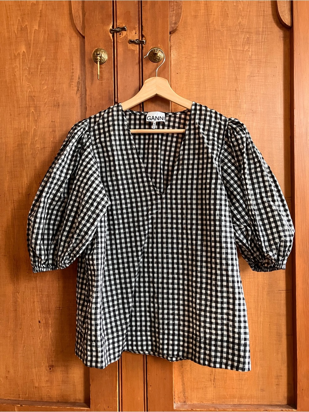 Ganni Black & White Gingham Puff-Sleeve V-Neck Blouse